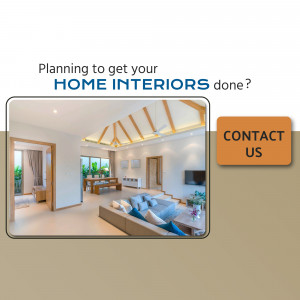 Modern living room interior with a call to action to contact for home interior design.