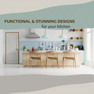 A bright and airy modern kitchen with a light wood island and blue tile backsplash.