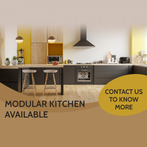 A modern kitchen with gray and wood cabinets, yellow accent wall, and stainless steel appliances.