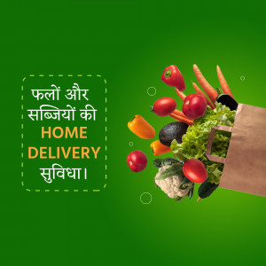 Image of fresh fruits and vegetables spilling out of a paper bag with text promoting home delivery.