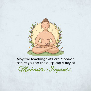 Illustration of Lord Mahavir in a meditative pose with floral decorations and text wishing a happy Mahavir Jayanti.
