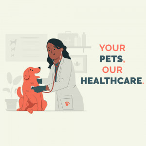 A female veterinarian in a white coat is examining a golden retriever dog with a stethoscope.