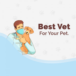 A male veterinarian in a white coat and face mask holding a puppy.