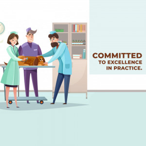 Veterinarians examining a dog on an examination table in a clinic.