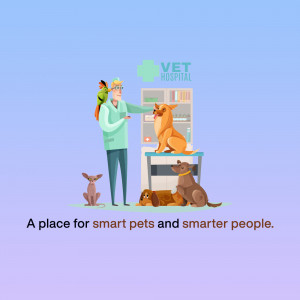 Illustration of a veterinarian examining pets in a hospital setting.