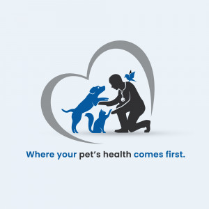 Logo depicting a veterinarian interacting with a dog, cat, and bird within a heart shape.