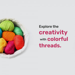 A basket filled with colorful yarn balls with text overlay 'Explore the creativity with colorful threads.'