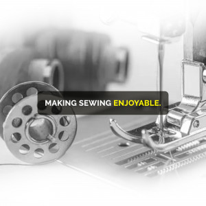 Close-up of a sewing machine with text overlay 'Making Sewing Enjoyable'