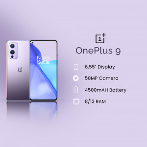 OnePlus 9 smartphone in purple color with key specifications