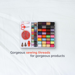 A sewing kit containing various colorful threads, scissors, needles, and other sewing accessories.