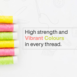 Close-up of colorful sewing threads with text overlay