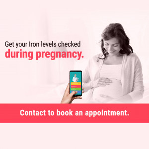 Pregnant woman looking at phone displaying iron level check information