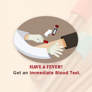 Illustration of a blood draw with text promoting immediate blood tests for fever.