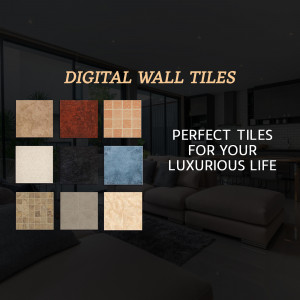 Display of various digital wall tile designs in a modern living room setting.