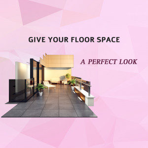 Interior design rendering of a modern floor space with dark tiles and a minimalist aesthetic.