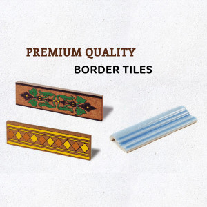 Close-up of decorative border tiles in various designs and colors.