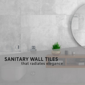 Close-up of grey sanitary wall tiles in a modern bathroom setting.