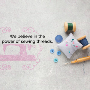 Sewing supplies with a vintage sewing machine illustration