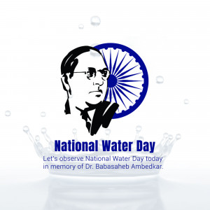Image commemorating National Water Day with a portrait of Dr. B.R. Ambedkar and water splash elements.
