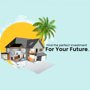 Modern house with a cutaway view showcasing interior, with a tropical background and text promoting investment.