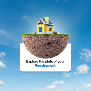 A small yellow house sitting on a floating island in a blue sky with text 'Explore the plots of your Requirement.'