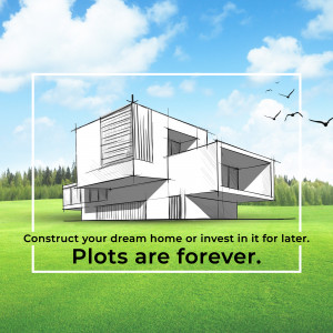 Architectural rendering of a modern house on a green field with text promoting land plots.