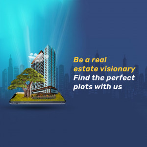 Image of a building on a smartphone screen with a city skyline and text promoting real estate plots.