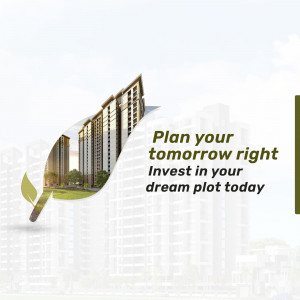 Modern apartment buildings with a green leaf overlay and investment message.