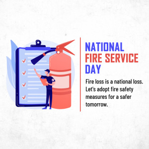 Illustration for National Fire Service Day featuring a firefighter, a fire extinguisher, and a clipboard with checkmarks.