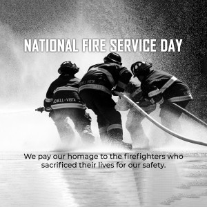 Black and white image of firefighters with text commemorating National Fire Service Day.