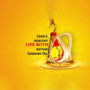 Image of cooking oil bottle with splash and text 'Lead a Healthy Life Better'