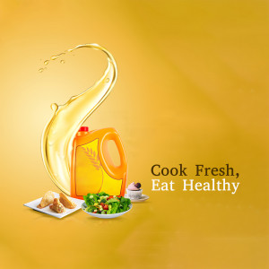 Image of cooking oil pouring from a container with healthy food items.