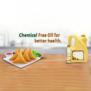 Image of samosas and a container of chemical-free cooking oil.