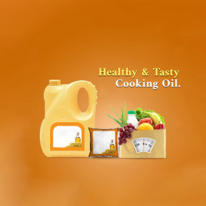Image of cooking oil bottle with fresh produce and health-related items.