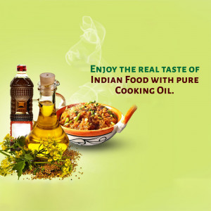 Bottles of cooking oil and a bowl of Indian food with mustard seeds.
