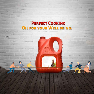 Illustration of cooking oil bottle with people pulling a rope representing health and wellbeing.