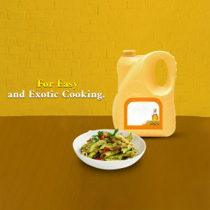 A bottle of cooking oil and a plate of pasta with vegetables.