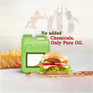 Image of cooking oil with fried food and people celebrating in the background