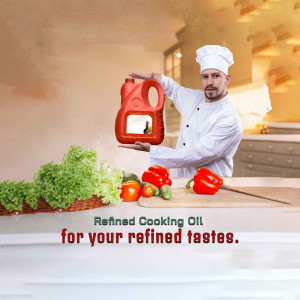 Chef presenting a bottle of refined cooking oil with fresh vegetables