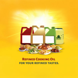 Image of cooking oil containers with fried food and the text 'Refined Cooking Oil for Your Refined Tastes'