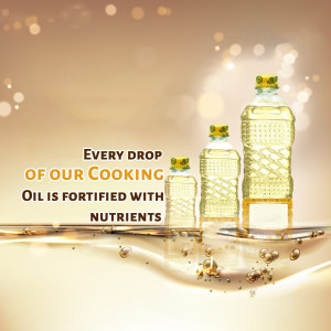 Bottles of cooking oil with text promoting nutrient fortification