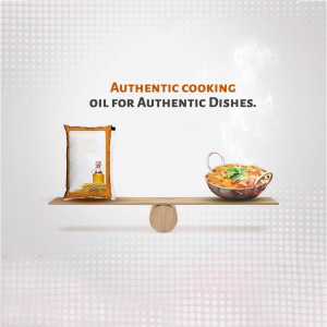 Image of cooking oil packaging balanced with a dish, promoting authentic cooking.