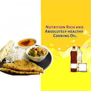 A collage featuring a traditional Indian meal with rice, roti, curry, and cooking oil bottles.