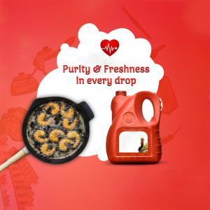 Image of cooking oil bottle with fried food, emphasizing purity and freshness.