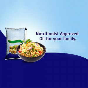 Bowl of noodles with a packet of cooking oil, promoting health and nutrition.