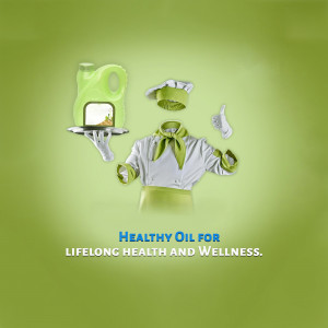 Advertisement for healthy cooking oil featuring a chef and oil container.