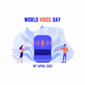 Illustration for World Voice Day featuring people interacting with a microphone and communication icons.