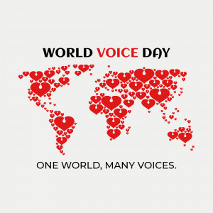 World Voice Day graphic with a heart-shaped world map