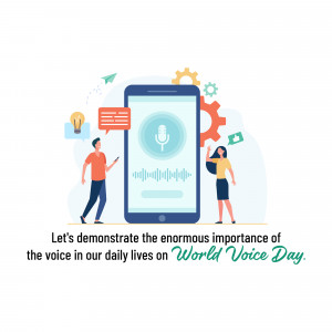 Illustration depicting voice technology and communication with people interacting with a smartphone.