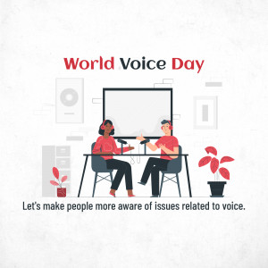 Illustration of two people recording a podcast for World Voice Day
